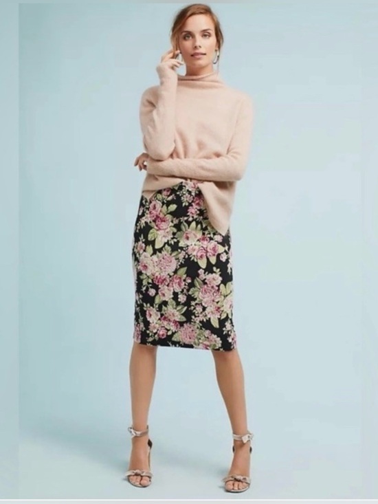 Anthropologie Dresses & Skirts - Anthropologie Maeve Floral Rose Pencil Skirt | Black Pink | M